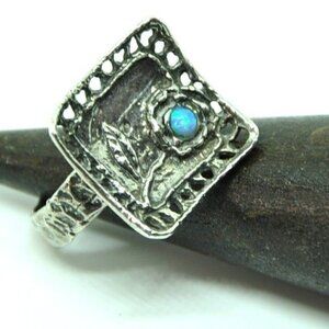 Artisan Sterling Silver Blue Opal Flower Ring – Hand Hammered, Size 7.5